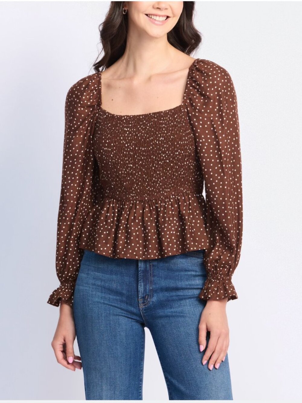 Dizzy Lizzy Mellie Smocked Peplum Top Brown Polka Dot NWT | Size M